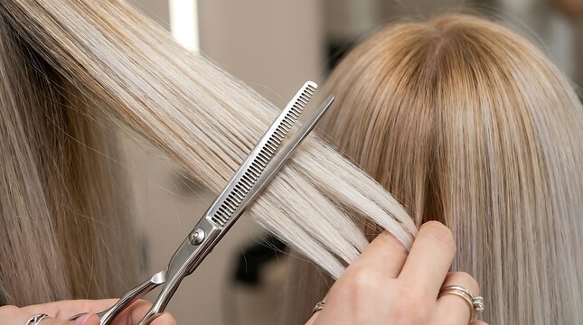 Closeup of a professional hairstylist using thinning shears to trim and texturize a section of blonde hair in a salon setting