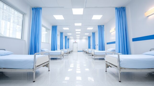 A Spacious and Modern Hospital Room Featuring Hospital Beds, Blue Curtains, and Bright Lighting for Patient Care and Recovery