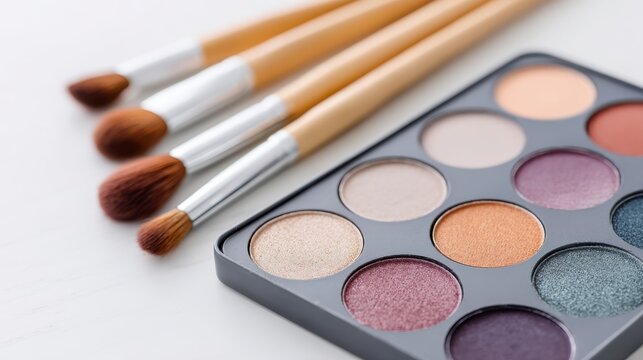 A Close-Up View of a Colorful Eyeshadow Palette and Brushes, Perfect for Makeup Artistry and Creative Looks in Beauty Applications