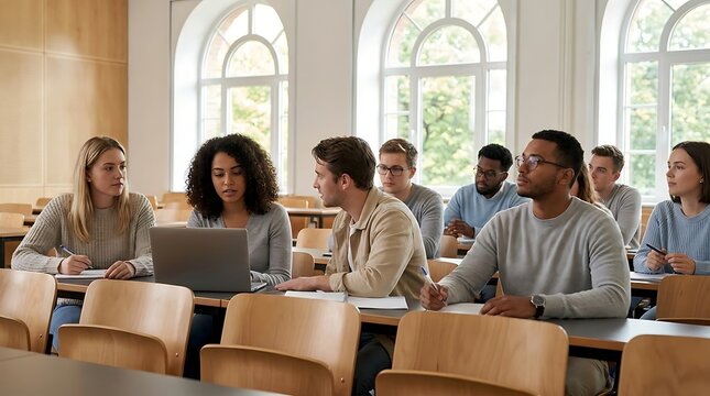 A diverse group of university students sitting in a bright classroom, collaborating on a project while using a laptop and taking notes during a lecture