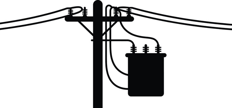 A black silhouette of a wooden utility pole with a mounted electrical transformer and power lines extending horizontally, isolated on a white background