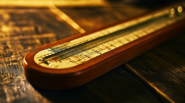 A vintage slide rule placed on a wooden table, bathed in warm lighting