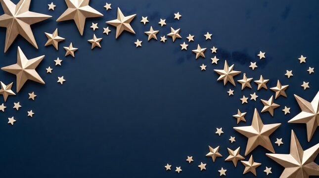 Golden stars scattering across dark blue background creates celestial festive frame for awards ceremony new year 2027 and achievement presentations.