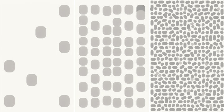 Abstract patterns of rounded grey rectangles and pebbles on a plain white background