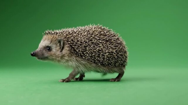 Hedgehog walking on green studio background with clean copy space for branding
