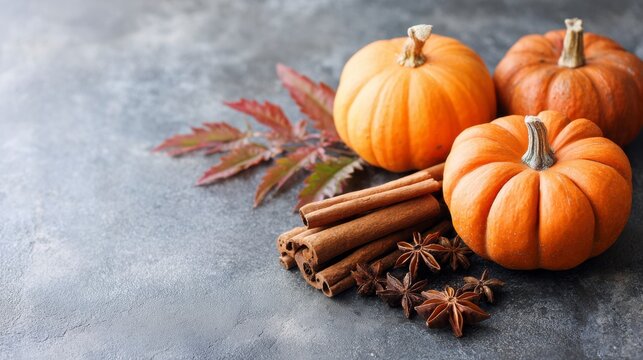 A Cozy Autumn Arrangement Featuring Fresh Pumpkins, Cinnamon Sticks, and Vibrant Leaves Capturing the Essence of Fall Harvest and Seasonal Decorations