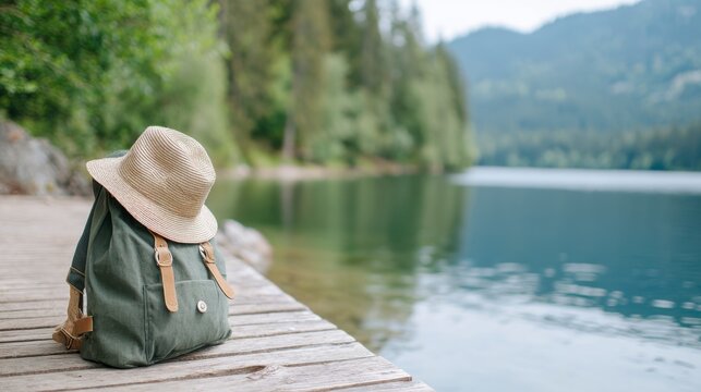Serene Lakeside Scene Featuring a Rustic Backpack and Sun Hat, Perfect for Outdoor Adventures and Nature Escapes
