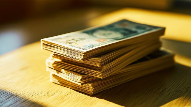 A stack of Japanese yen bills on a wood-grain table
