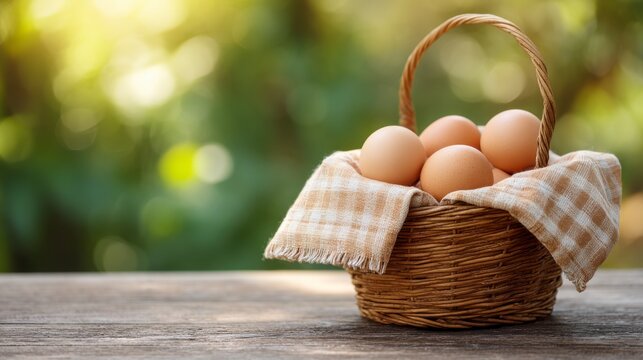 A Wooden Basket Filled with Fresh Eggs Resting on a Rustic Table Surrounded by a Softly Blurred Natural Background of Greenery