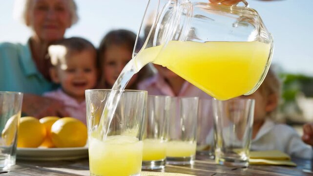 Hand pours bright orange juice from clear pitcher into empty tumbler on sunlit outdoor table, with whole oranges and softly blurred people seated behind in bright daylight