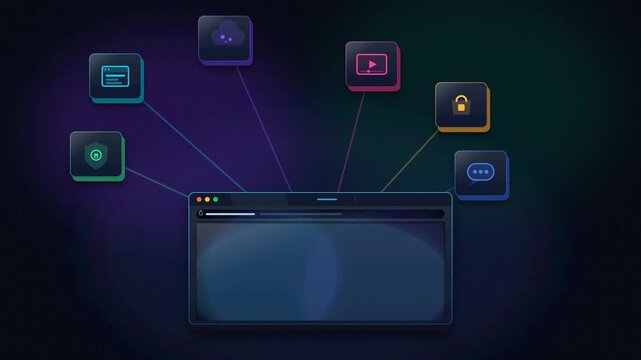 A futuristic 3D browser portal opening into a connected internet ecosystem featuring website, shopping, video, cloud storage, security and communication modules. Premium technology visualization for d