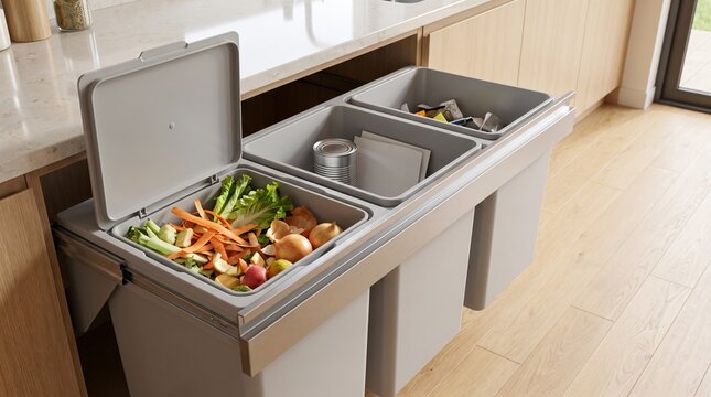 Residential food waste separation system with organic scraps, recycling and general waste compartments, sustainable kitchen infrastructure, composting technology and household circular economy