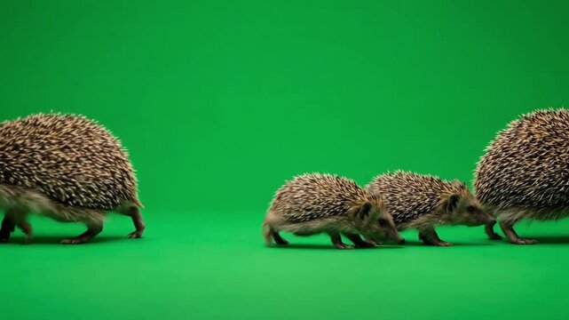 Four hedgehogs walking in a line against a green studio background with clean copy space
