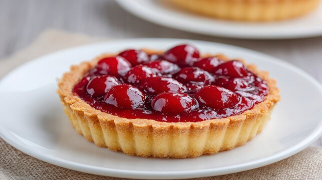 Deliciously Baked Cherry Tart with Glossy Red Glaze on a White Plate, Perfect for Dessert Lovers and Culinary Enthusiasts Alike