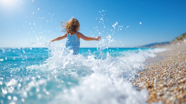 Child Joyfully Splashes in Ocean Waves on a Bright Sunny Day, Embracing the Vibrancy of Summer by the Seashore