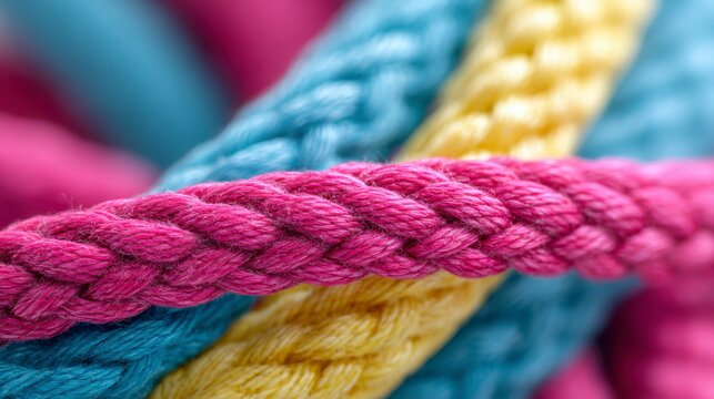 Close-Up of Vibrantly Colored Braided Ropes: A Captivating Study in Texture and Color Harmony in Textile Design
