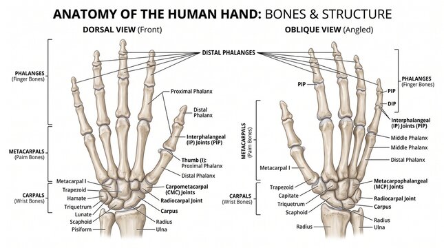 Anatomy infographic showing human hand bone structure with dorsal and oblique views on white background