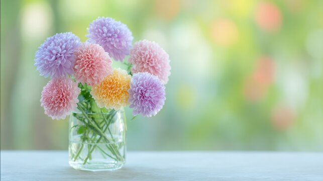 A Vibrant Arrangement of Colorful Pompon Flowers in a Clear Glass Vase Captured in Soft Natural Light Against a Blurred Green Background