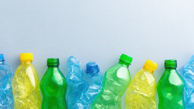 A Visual Representation of Plastic Waste: Colorful Bottles Littering a Clean Surface, Highlighting Environmental Concerns and Recycling Efforts