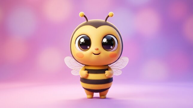 Cute cartoon baby bee character standing against a soft purple bokeh background
