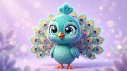 Obraz premium Cute cartoon baby peacock character with vibrant blue feathers standing against a soft purple background