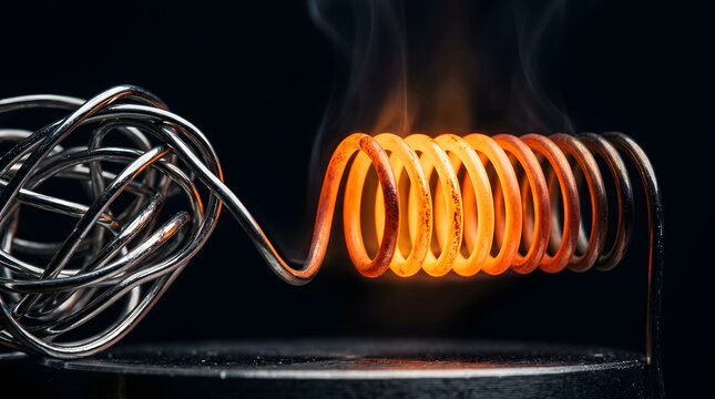 Abstract metal wire coils with glowing orange spring