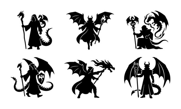 Fantasy Dragon Wizard Silhouettes, Mythical Creature Vector Icons, Dark Magic Sorcerer Set