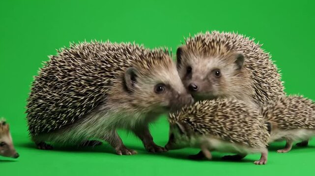 Four hedgehogs huddled together on green studio background with clean copy space