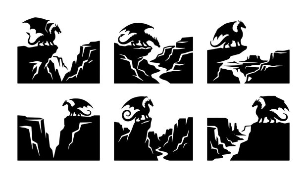 Dragon Silhouette on Cliff Edge Vector Icons, Fantasy Landscape Scenes, Mythical Creature Icons