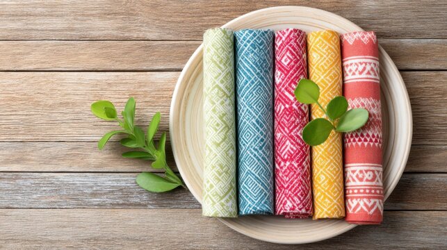 Aesthetic Arrangement of Colorful Fabrics on a Wooden Table with Greenery for a Vibrant and Inviting Home Decor Ambiance