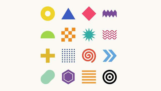 A collection of colorful geometric shapes presents a playful modern design aesthetic polygon triangle circle square diamond cross spiral