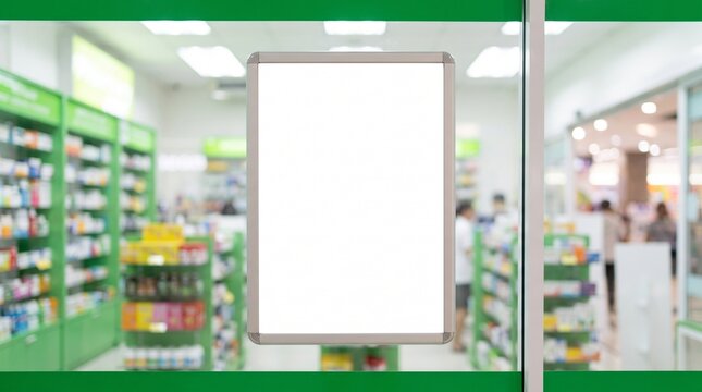 Blank white poster mockup with aluminum frame on glass window background blurred pharmacy interior drugstore with shelves
