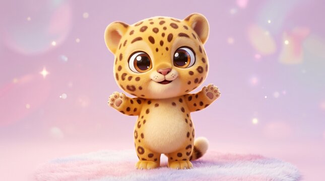 3d animated baby leopard cub standing on cloud background with soft lighting for children's content