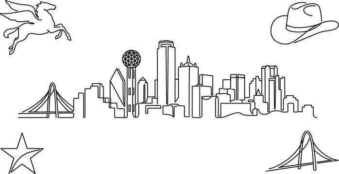 Continuous one line drawing of Dallas city skyline with Texas famous landmark icons isolated on white background vector