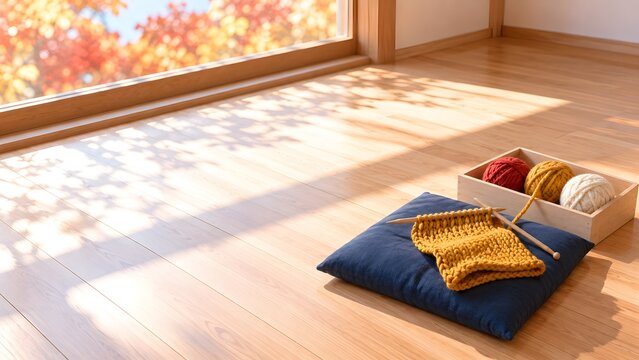 紅葉の窓から光が差し込む板の間と座布団の毛糸玉 秋の編み物時間