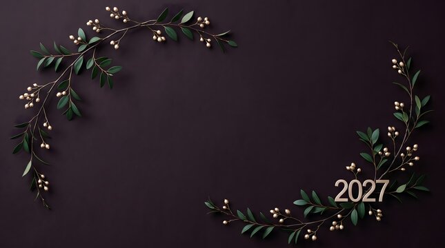 Minimalist dark purple background featuring elegant gold berry branches and green leaves forming a delicate oval border with year 2027 numbers.