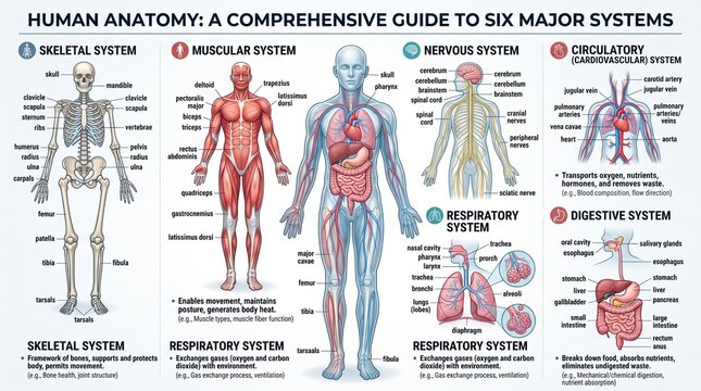 Educational human anatomy infographic displaying six major body systems with detailed medical labels