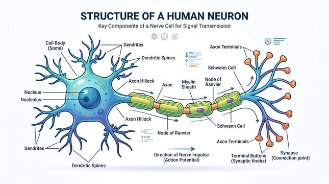 Detailed anatomical illustration of a human neuron structure with labeled parts for educational and medical reference