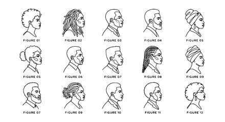 Obraz premium Diverse Black People Profile Silhouettes, Figures 01-12, Line Art