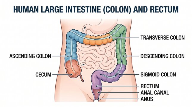 Anatomical illustration of human large intestine and rectum with labeled colon sections for medical education