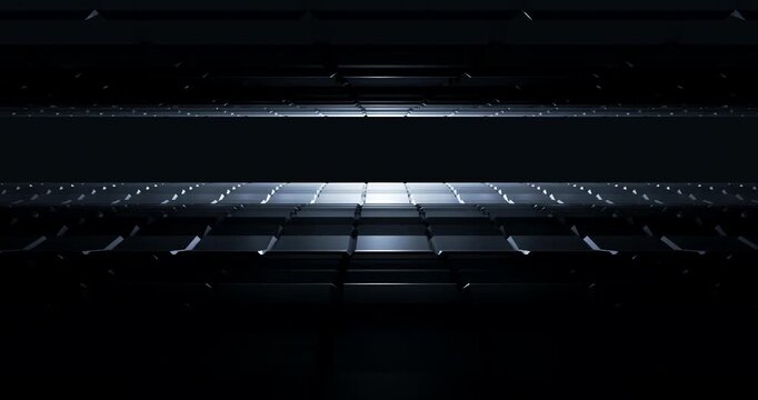 Futuristic dark metallic cube tunnel with moving geometric wave and approaching bright light