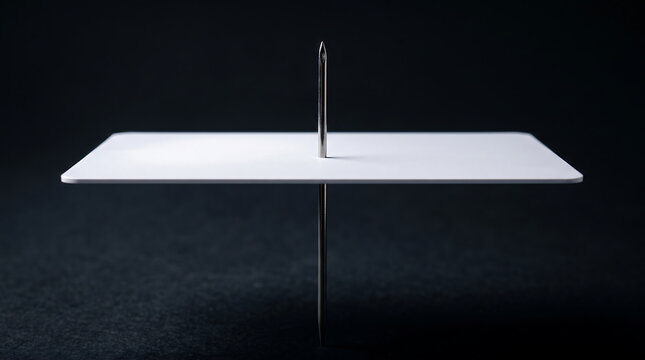 Minimalist silver needle pierces white rectangular plane floating in dark space symbolizing precision sharp focus industrial design and accuracy.