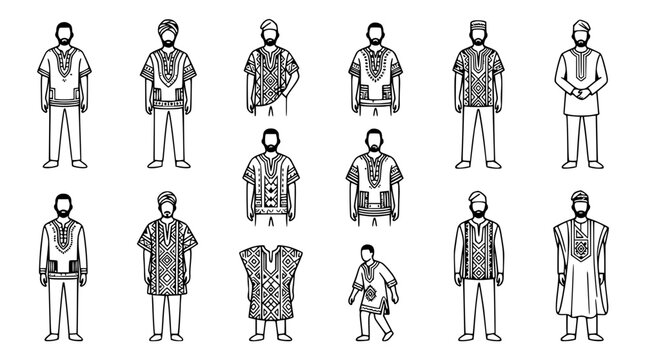 African Traditional Clothing Set: Men's Fashion, Isolated Vector Illustrations
