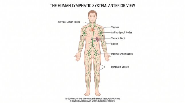 Anatomical diagram of the human lymphatic system showing anterior view with labeled body structures