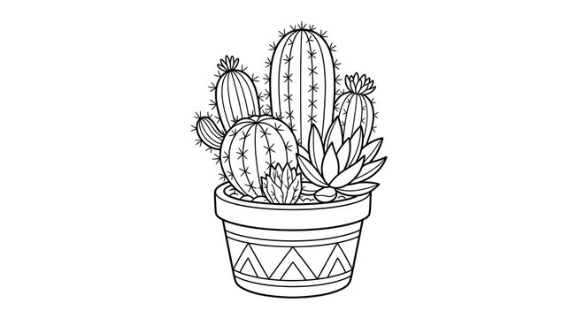 Decorative Potted Cactus Collection Minimal One Line Botanical Art