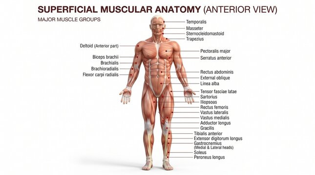 Anterior view of human superficial muscular anatomy infographic with labeled muscle groups on white