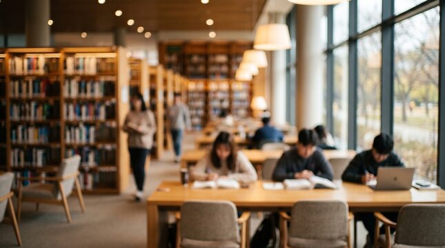 Diverse students studying with books and laptops at wooden tables in a modern university library