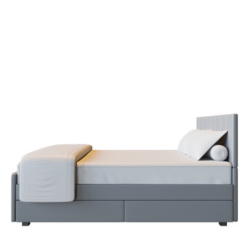 3D render of a modern double bed with headboard, pillows, and duvet, flat side view