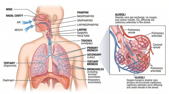 Anatomical diagram of the human respiratory system showing air pathway and alveoli gas exchange