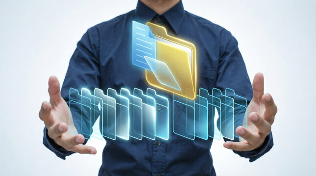 Businessman gestures at holographic digital files and folders showing data management flow.